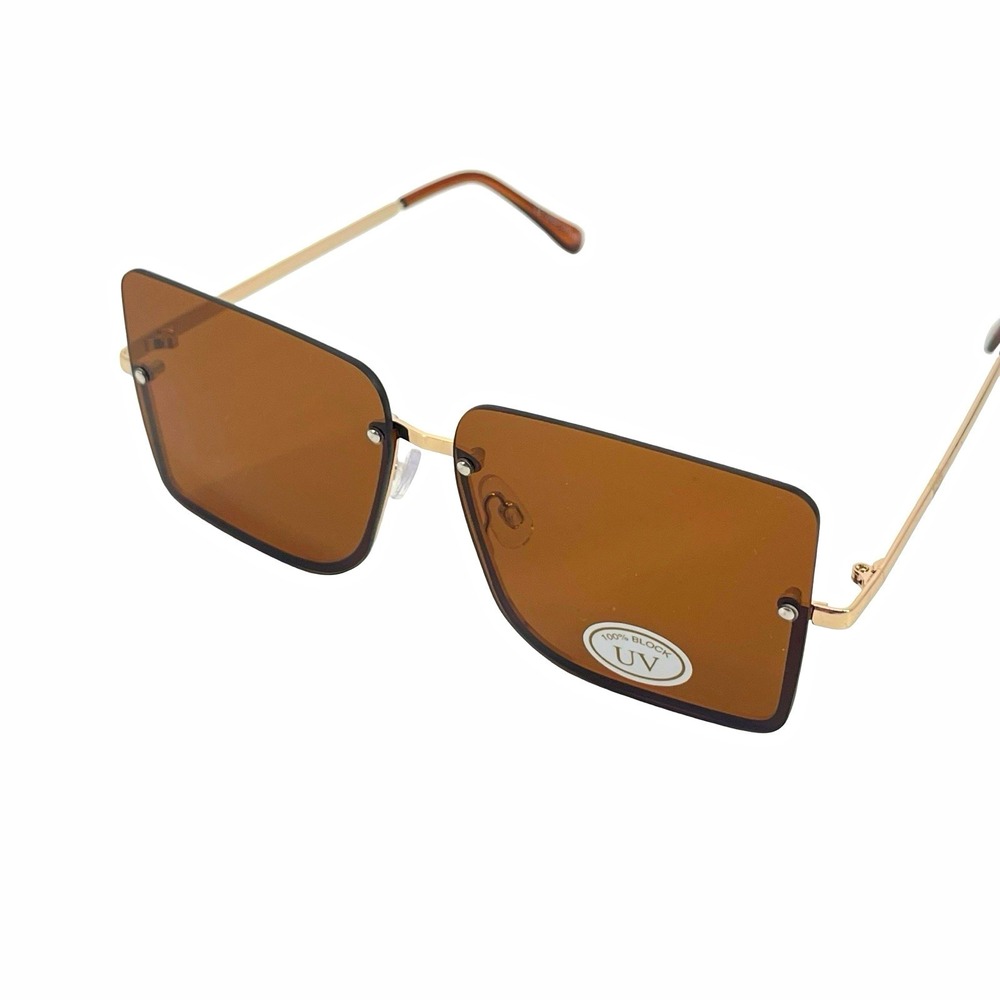 Rimless Square Sunglasses Brown Lens Gold Frame Y2K Retro Oversized Fashion UV